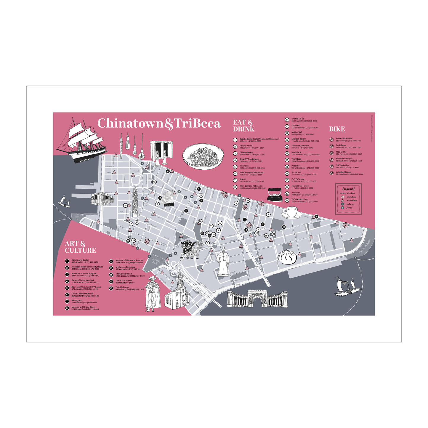 Chinatown & Tribeca Map -- NYC Bike Art Print
