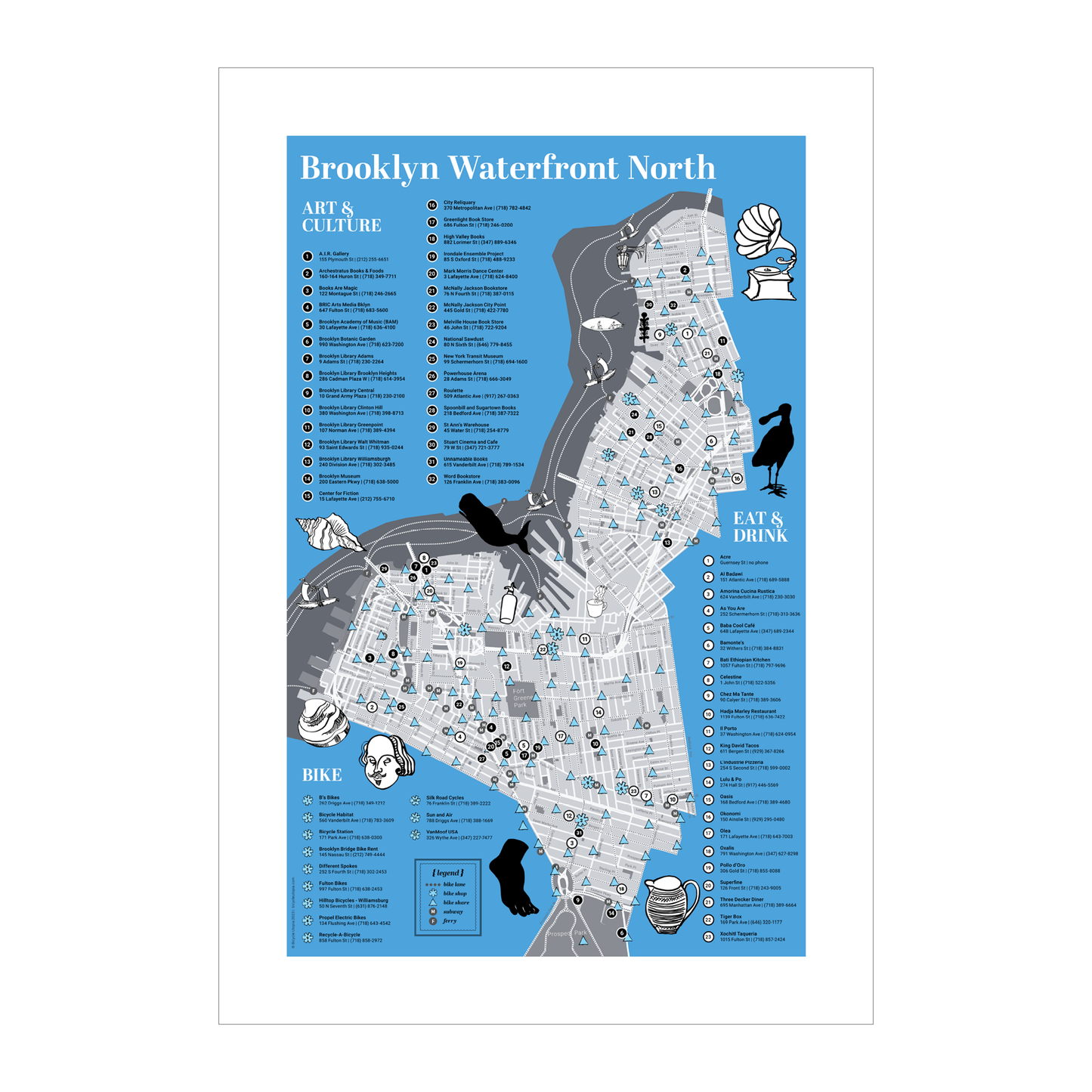 Brooklyn Waterfront North Map -- Brooklyn Bike Art Print