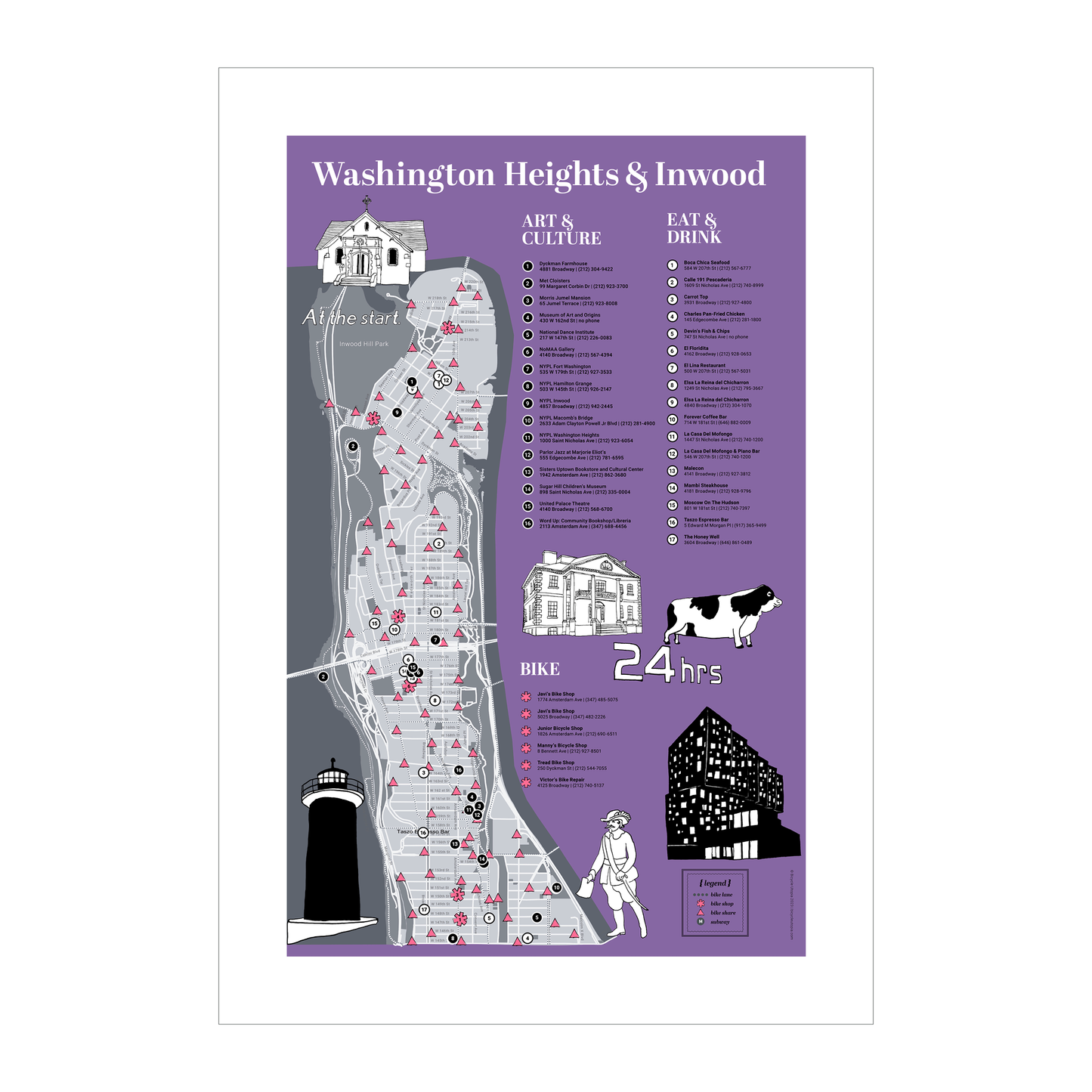 Washington Heights & Inwood Map -- NYC Bike Art Print