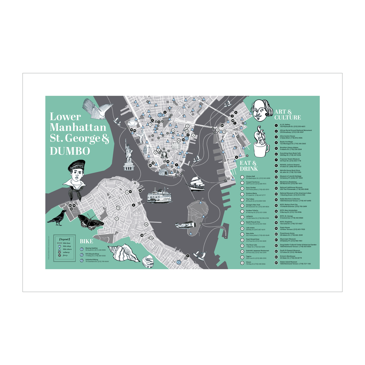Lower Manhattan & DUMBO Map -- NYC Bike Art Print