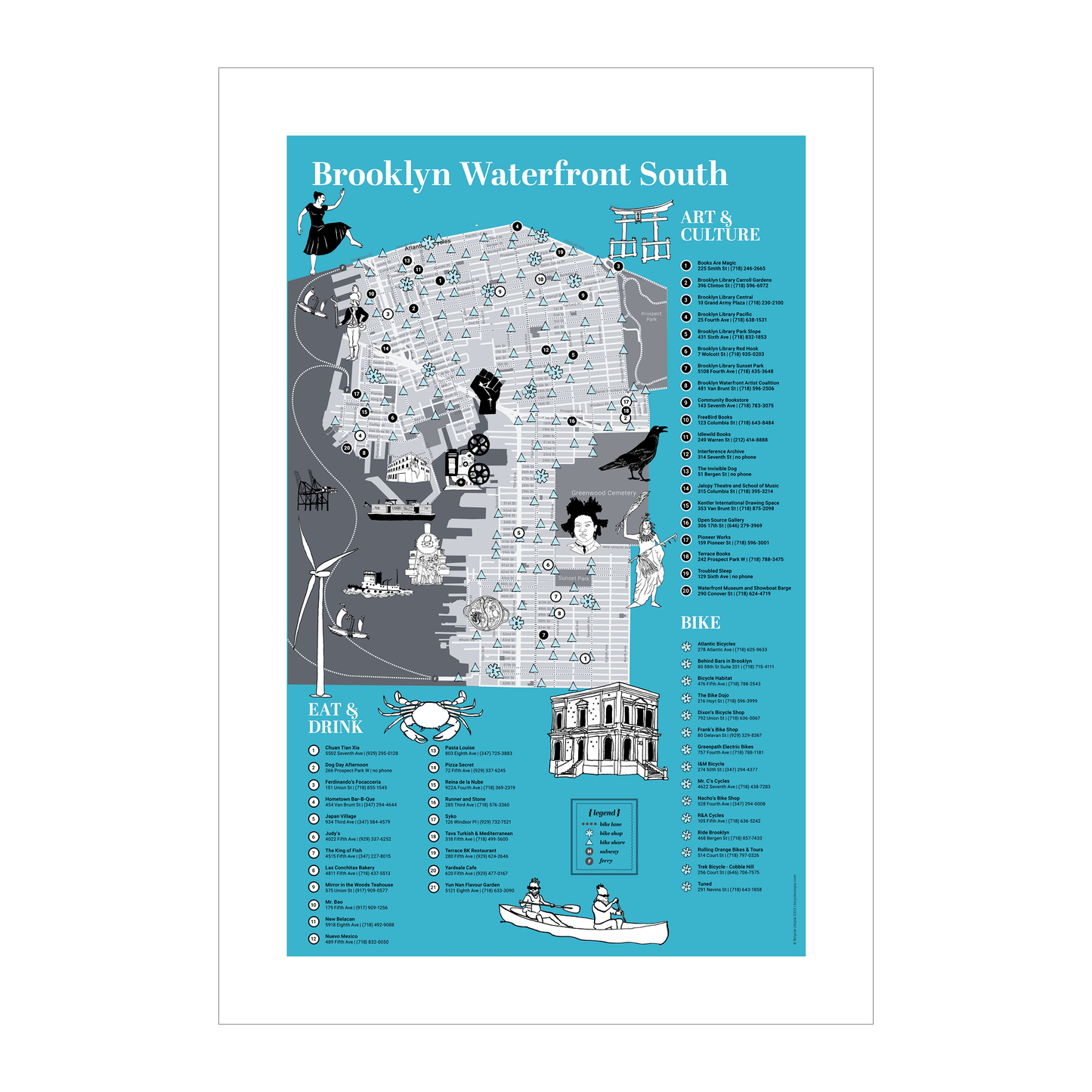 Brooklyn Waterfront South Map --Brooklyn Bike Art Print