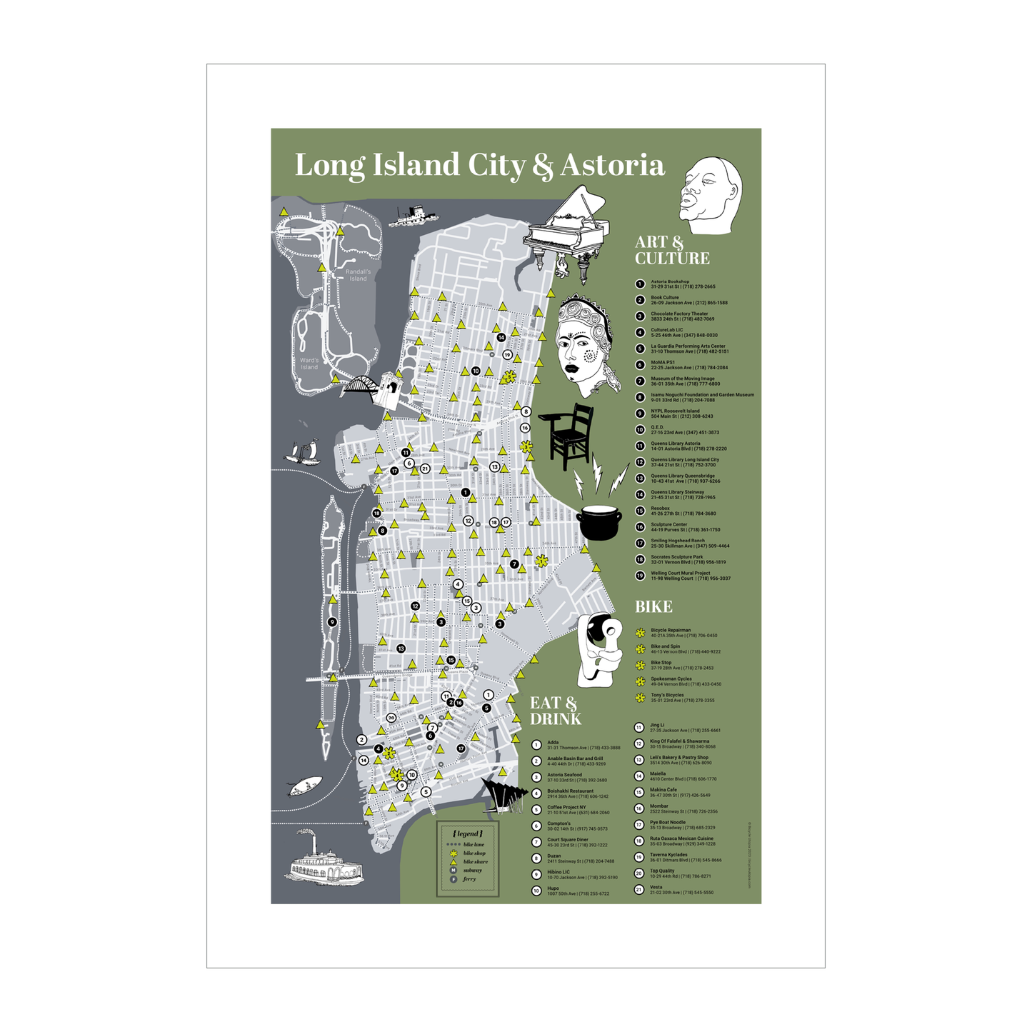 LIC & Astoria Map -- NYC Bike Art Print