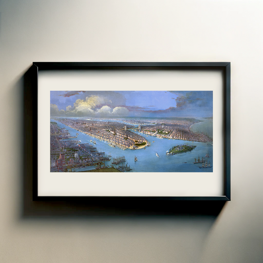 The image is a framed painting depicting a cityscape with a river running through it.
