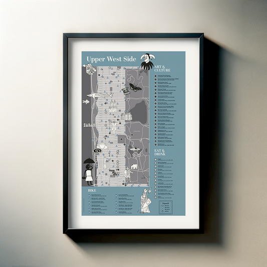 The image is a framed map of the Upper West Side, New York City, with various landmarks and points of interest marked on it.