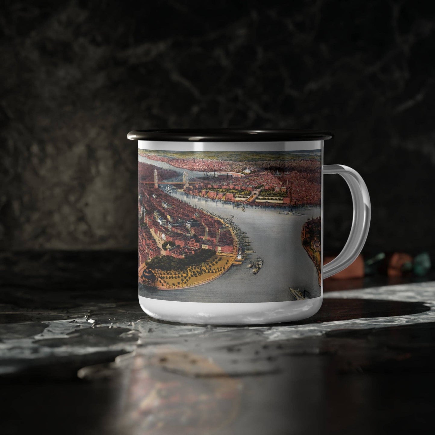 Enamel Camp Cup – Vintage 12oz Steel Outdoor Mug with NYC Map Design