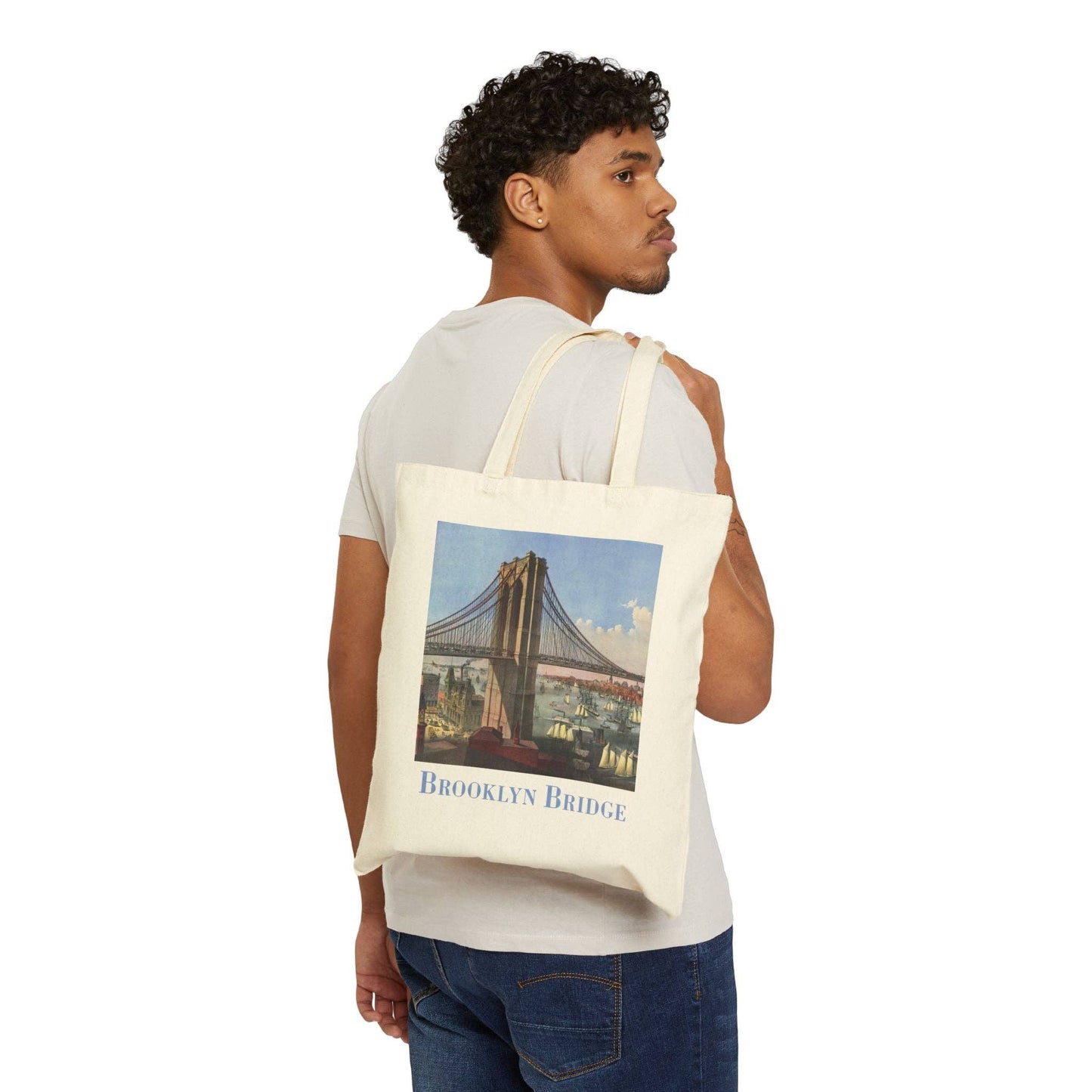 Vintage Canvas Tote – Durable Cotton Bag With Brooklyn Bridge Print & Reinforced Handles
