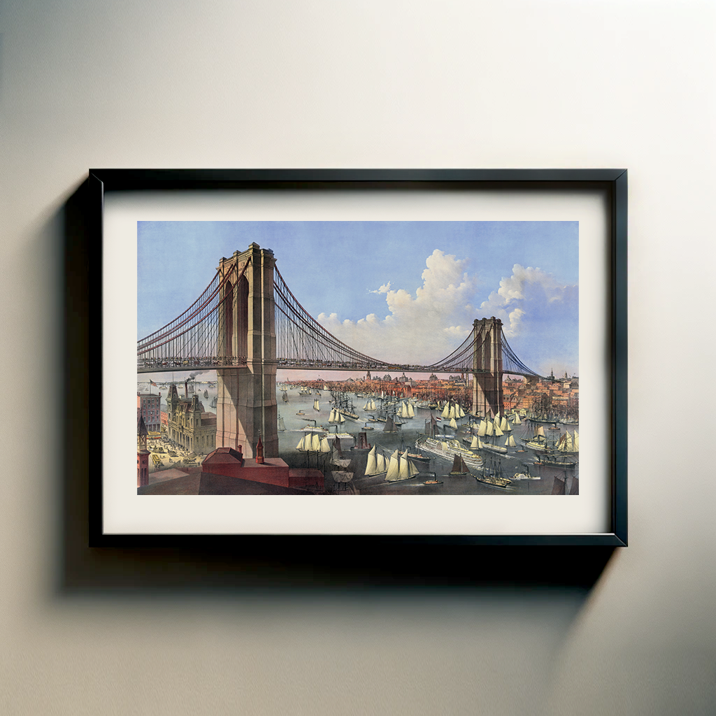 A framed painting depicting the Brooklyn Bridge with sailboats in the foreground, set against a blue sky with clouds.