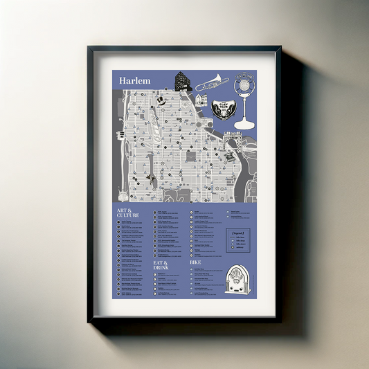 The image is a framed map of Harlem, New York, with various icons and labels indicating different aspects of the city.