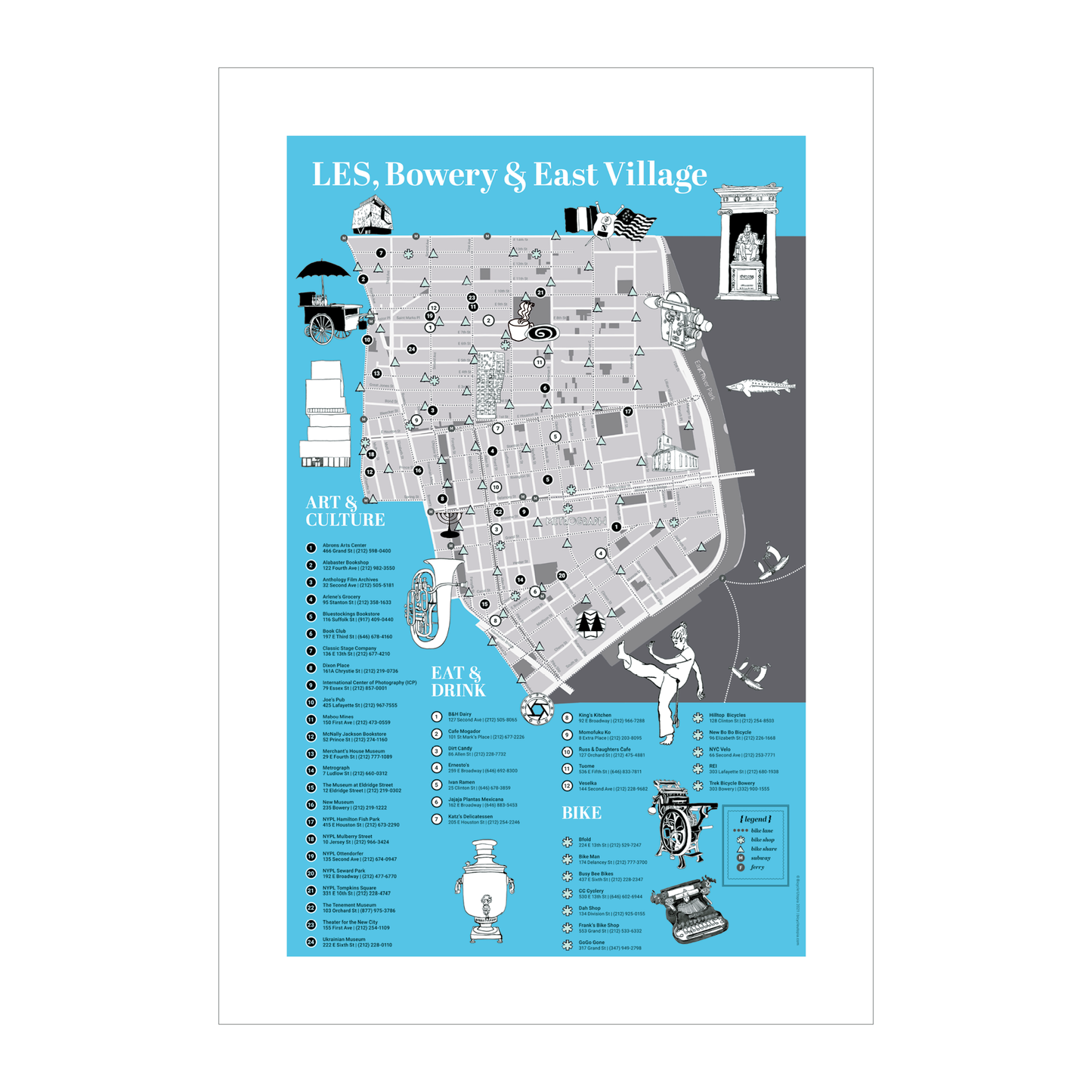 LES & Bowery Map -- NYC Bike Art Print