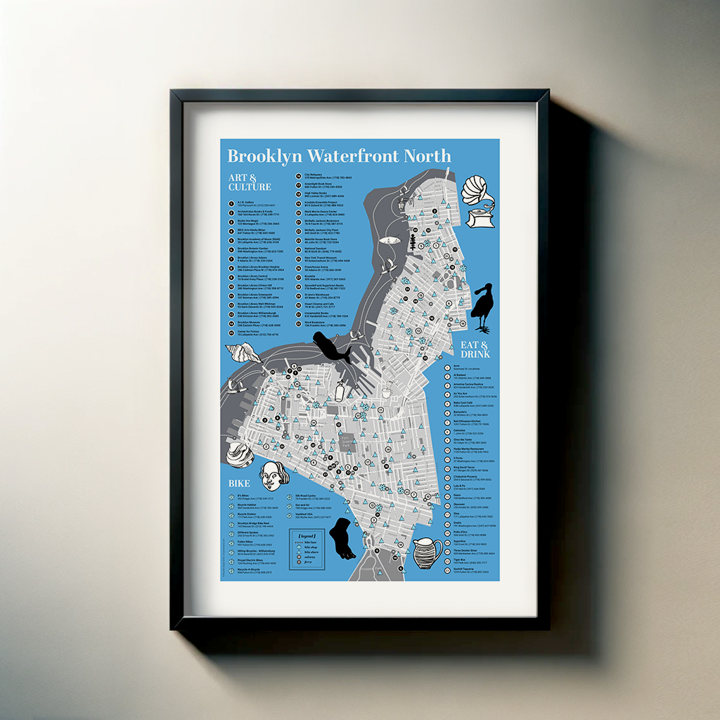 The image is a framed map of Brooklyn waterfront North, featuring various landmarks and points of interest.
