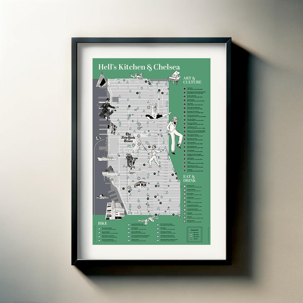 The image is a framed poster or map titled "Hell's Kitchen & Chelsea" that provides information about various locations in the area.