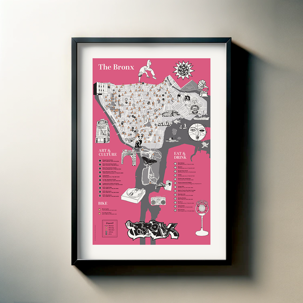 The image is a framed poster or map of The Bronx, New York, featuring various landmarks, icons, and text.