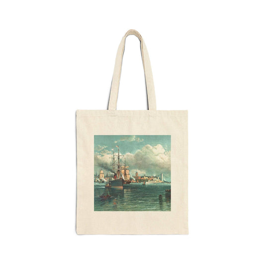 Vintage Canvas Tote – Durable Cotton Bag with Brooklyn Harbor Design