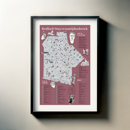 The image is a framed map of Bedford Stuyvesant and Bushwick, New York, with various landmarks and points of interest marked on it.