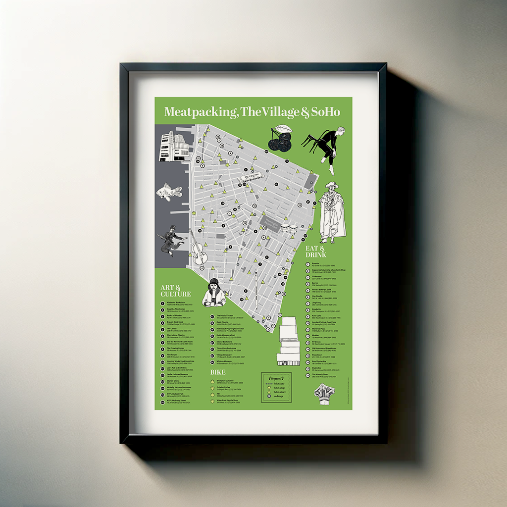 The image is a framed map titled "Meatpacking, The Village & SoLo" that provides information about the village and solo area.