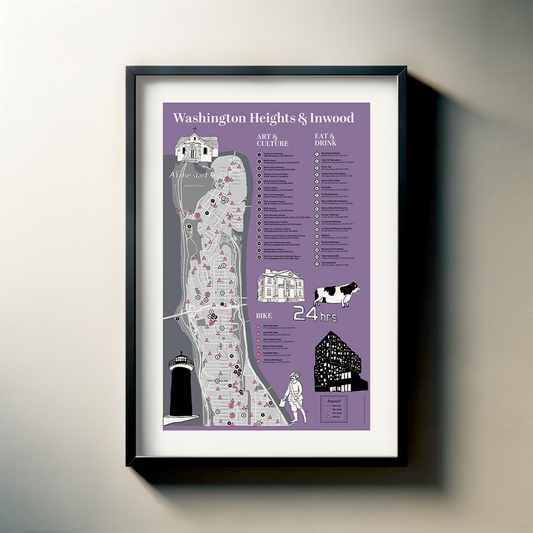 The image is a framed poster or map of Washington Heights & Inwood, New York City, featuring a detailed illustration of the area's landmarks and neighborhoods.