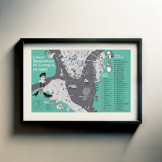 The image is a framed map of Lower Manhattan, St. George's Dumbo, New York City, with various landmarks and points of interest marked on it.