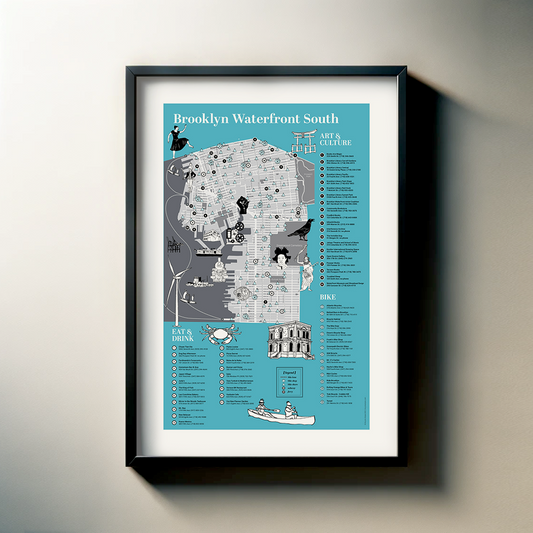 The image is a framed poster or map of Brooklyn Waterfront South, featuring various landmarks and points of interest.