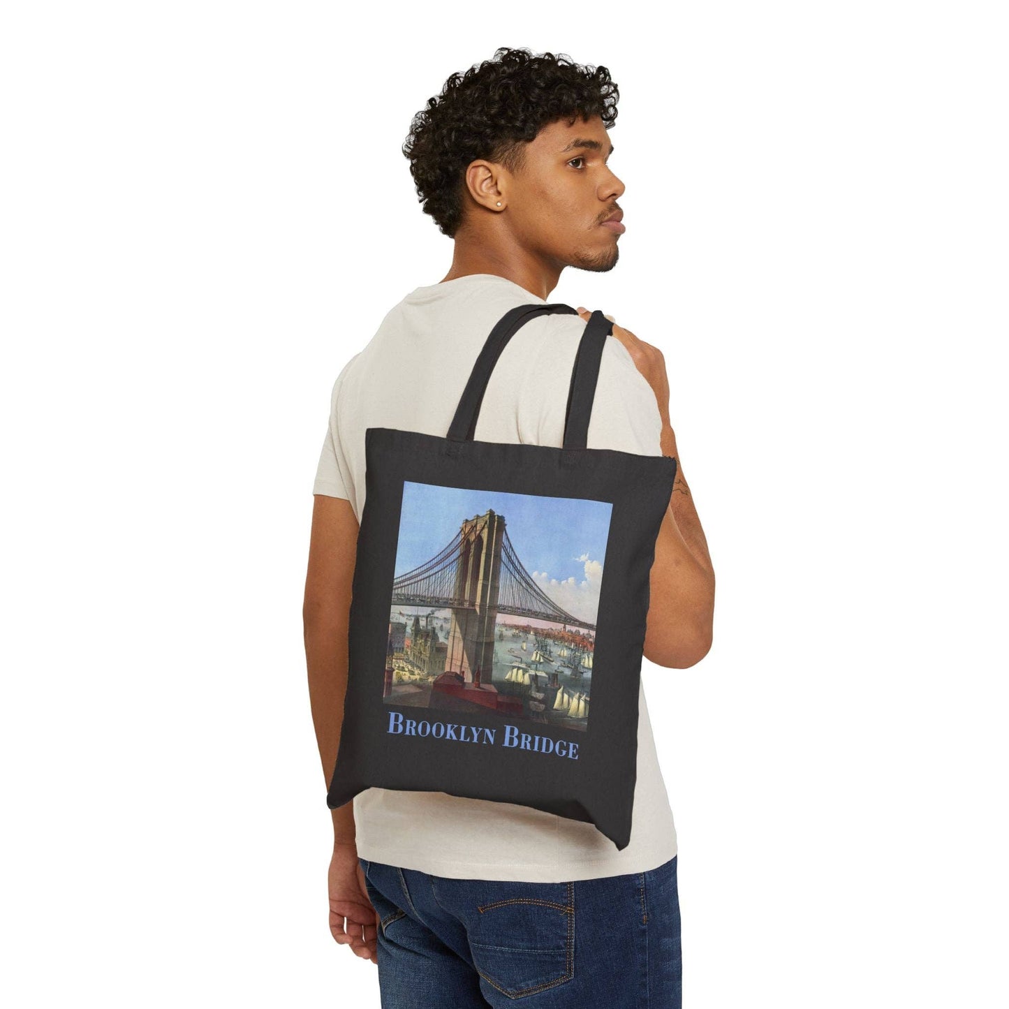 Vintage Canvas Tote – Durable Cotton Bag With Brooklyn Bridge Print & Reinforced Handles