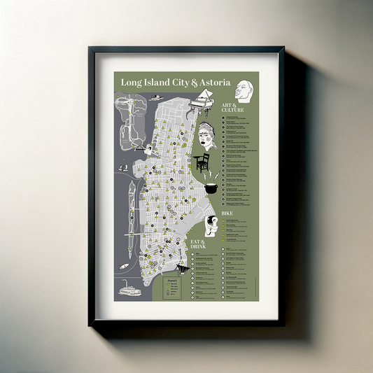 The image is a framed map of Long Island City & Astoria, New York, with various landmarks and points of interest marked on it.