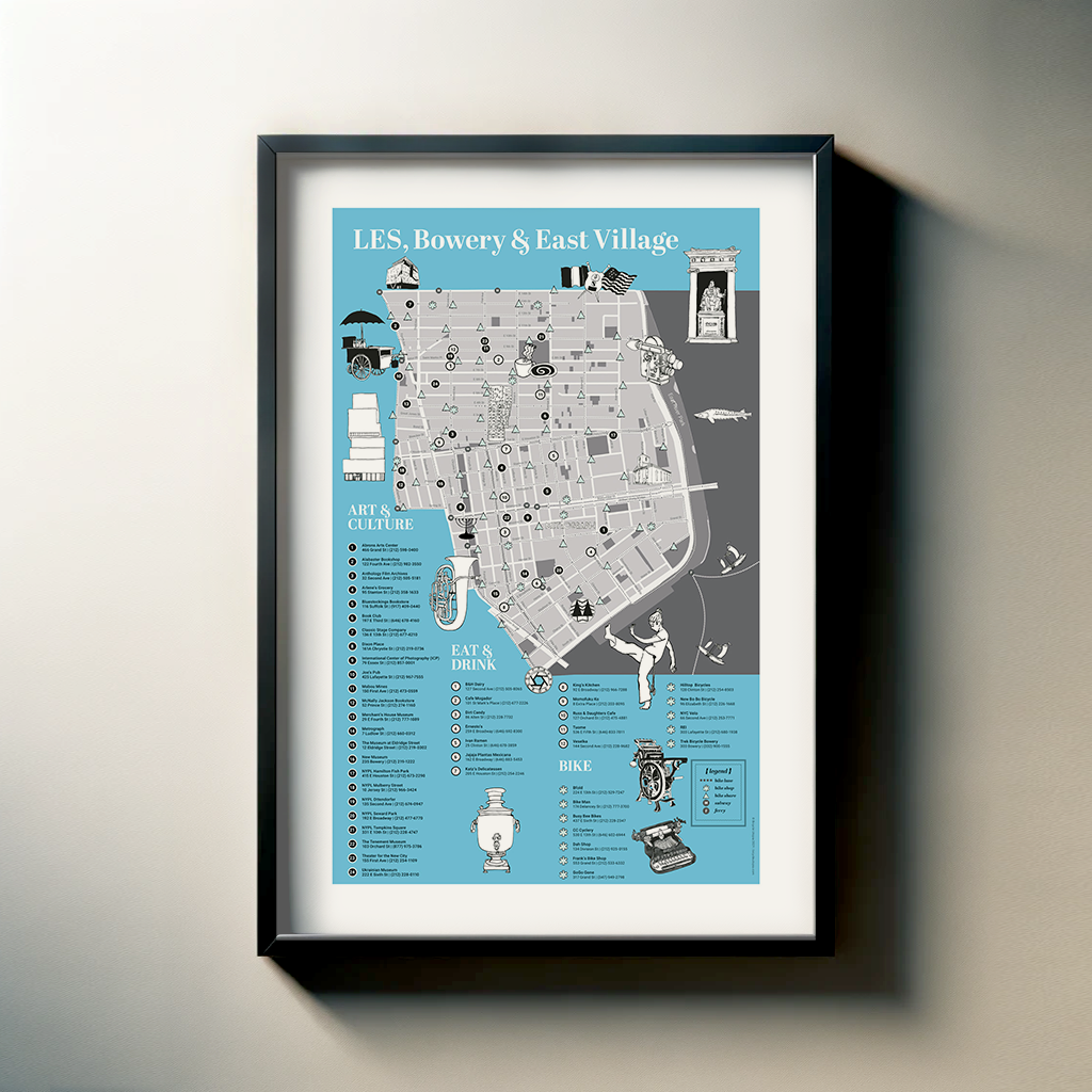 The image is a framed map of the LES Bowery & East Village, which includes various landmarks and points of interest.