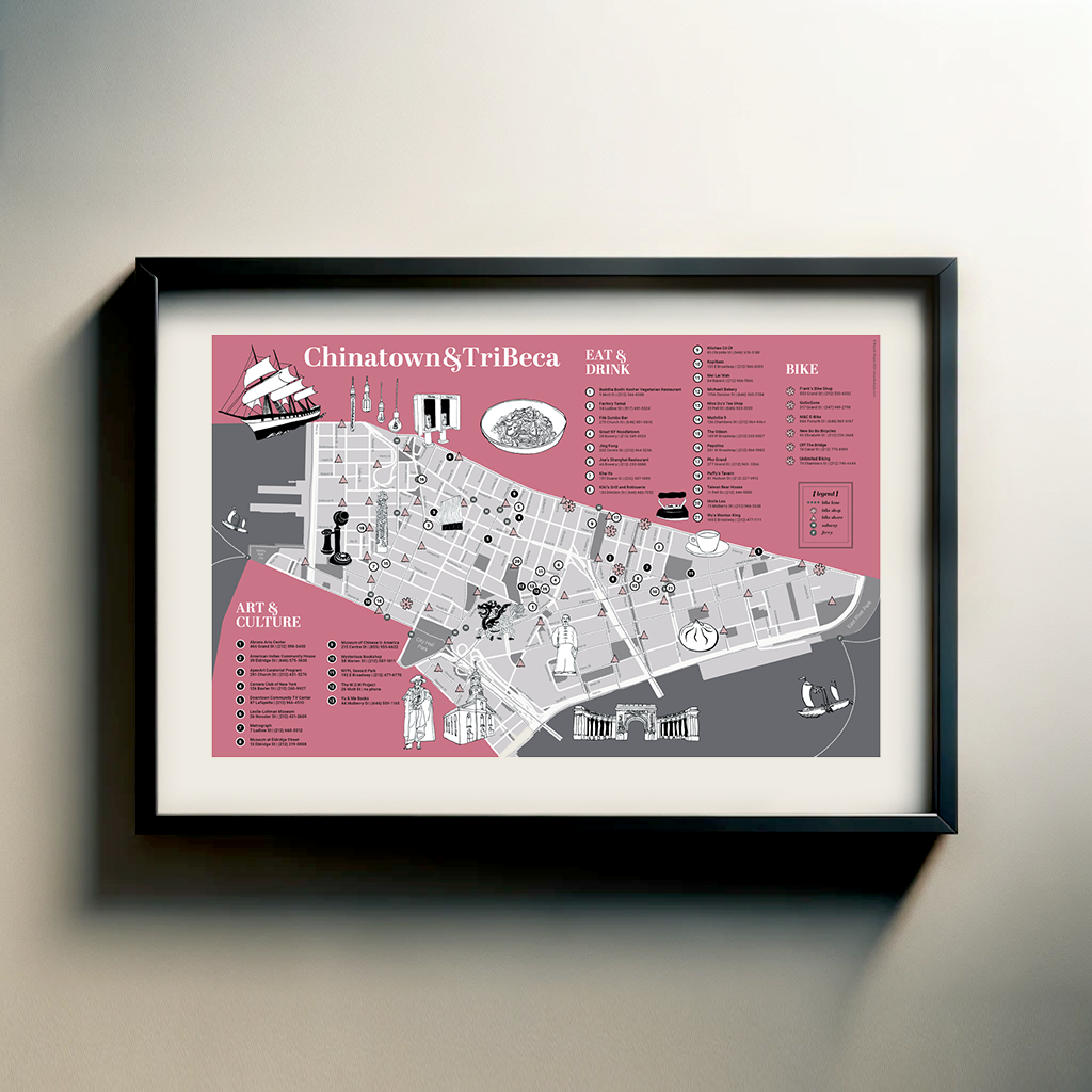 The image is a framed map of Chinatown & TriBea, featuring various landmarks and points of interest in the area.