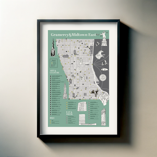 The image is a framed map of the area "Gramerly & Midtown East", which includes various landmarks and points of interest.